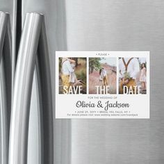 save the date magnets are on top of a stainless steel refridgerator door