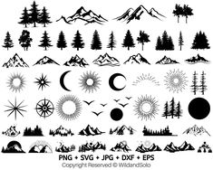 the silhouettes of mountains, trees and stars are shown in black on a white background