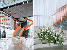 an orange and white wedding set up at the top of stairs with flowers on the bottom