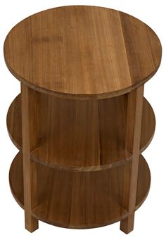 a round wooden table with three shelves on each side