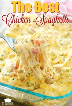 the best chicken spaghetti casserole recipe in a glass dish with a serving spoon