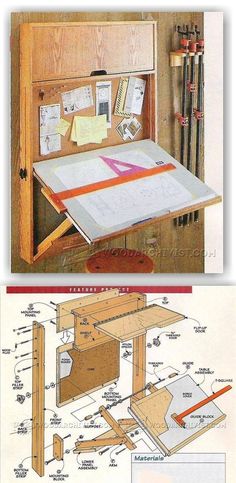 the plans for an office desk are shown in two different views, one is made out of