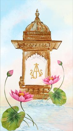 an ornate clock with pink flowers in the foreground