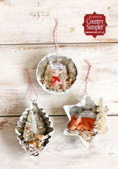 three christmas ornaments hanging from twine on a white wooden background with text overlay that says country sampleer