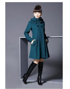 Outwear Fashion, Long Sleeves Coats, Green Coat, Woolen Coat, Hooded Coat, Mode Inspiration, Outerwear Coats, High Collar, Long Coat