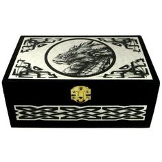 a black and white box with a dragon on it