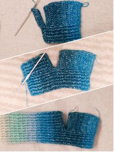 two pictures show the process of making knitted mitts