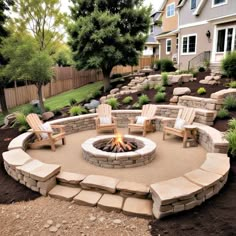 an outdoor fire pit with chairs around it