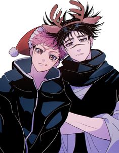 two anime characters are dressed up in black and purple outfits with antlers on their heads