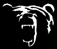 a black and white image of a bear's head with it's mouth open