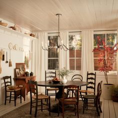 a dining room table and chairs in front of a window