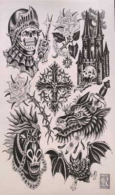 an old school tattoo design with skulls and other tattoos on the back of his arm