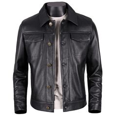 Business Biker Jacket With Snap Buttons, Business Biker Jacket With Snap Buttons And Long Sleeves, Formal Leather Jacket With Snap Buttons For Fall, Winter Leather Pea Coat With Button Closure, Business Fall Biker Jacket With Pockets, Formal Fall Leather Jacket With Snap Buttons, Fall Formal Leather Jacket With Snap Buttons, Leather Jacket With Pockets For Business In Fall, Business Leather Jacket With Pockets For Fall