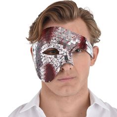 Bring some creep factor to your disco party look with this half face mask. Covered in mirrored tiles the phantom-shaped accessory covers one eye and half of your face. The glittering disco ball surface is splattered with red and black blood. pbMirrored Death By Disco Half Mask product details:-b-p ul liElastic strap-li li95% plastic and 5% spandex-li liDoes not include shirt-li liOne size fits most teens and adults-li -ul Mirrored Tile, Mask Accessories, Blood Splatter, Scary Mask, Half Mask, Half Face Mask, Half Face, Disco Party, Disco Ball