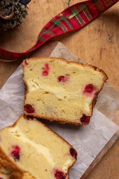 A slice of cranberry cake with a cream cheese swirl on parchment paper. Pumpkin Bread With Cream Cheese, Fresh Blueberry Recipes, Bread With Cream Cheese, Cream Cheese Swirl, Sour Cream Substitute, Moist Pound Cake, Fall Recipes Pumpkin, Cream Cheese Bread, Moist Vanilla Cake