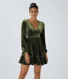 Discover Women’s Everyday Deep V Neck Long Sleeve Ruffled Hem Velvet Mini Chill Party Dress at Halara, Crowd-Approved Affordable Choices Made For What Moves You. Sleeved Velvet Dress, Green Style, Elegant Dresses For Women, Flare Mini Dress, Ruffle Hem Dress, Vestido Casual, Long Sleeve Mini, Look Plus, Hem Dress