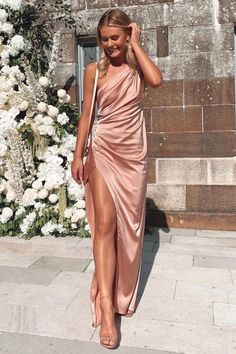 Samira Dress - Blush - SHOPJAUS - JAUS Stretch Satin Fabric, Cheap Prom Dresses Long, Blush Dresses, Wedding Guest Outfit Summer, Floor Length Gown, Stretch Satin, Thigh High, Prom Dresses Long, Wedding Guest Outfit