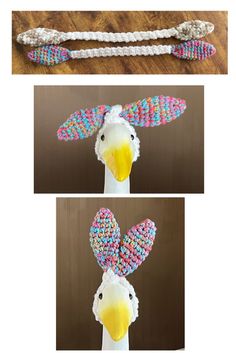 three different pictures of an animal made out of beads and yarns, one with a bird on it's head