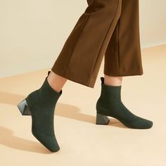 Perforated Block Heel Boots (Melissa), Olive green, EU35 | VIVAIA Spring Chic Flat Heeled Boots, Modern Low Heel Spring Boots, Modern Low Heel Boots For Spring, Casual Heeled Boots For Spring Workwear, Casual Spring Heeled Boots For Work, Casual Spring Workwear Heeled Boots, Ankle-high Boots With Perforated Toe Box For Spring, Stable Block, Knit Boots