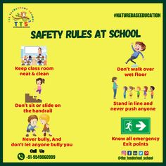 the safety rules at school poster shows children doing different activities and how to use them