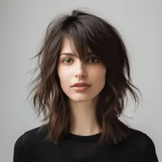 woman with Espresso Brown Shag Cut hair Shag Hairstyles Over 40 Shaggy Haircuts, Medium Shag Haircuts Side Part, Side Part Shag Haircut Medium, Short A Line Bob With Bangs, Shag Haircut Side Part, Shaggy Cut Medium, Brown Shag Haircut, Shag With Short Bangs, Shag Haircut Straight