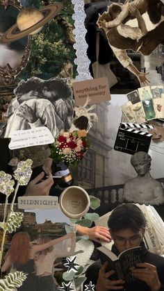 a collage of pictures with people and things in them, including an image of a man holding a book