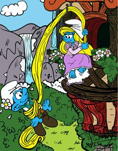 the smurfs are playing with each other in front of a waterfall and trees