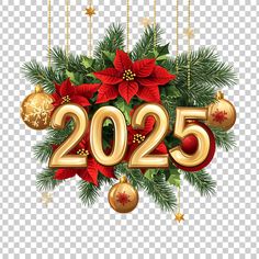 christmas decorations with the numbers 2055 in gold and red, on a transparent background