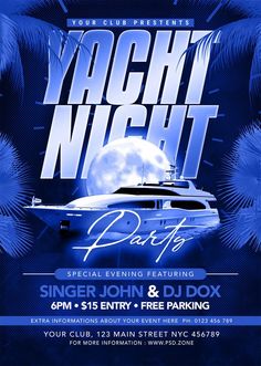 yacht night party flyer with boat and palm trees in the background, blue tones on a dark