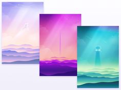 three different colored cards with an image of a lighthouse in the sky and some clouds