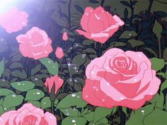 pink roses with green leaves and water droplets on them are depicted in this artistic painting