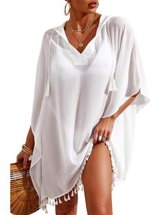 Solid Color Loose Beach Cover Up Dress Aosig Cover Up Swimwear, Beach Cover Up Dress, Oversize Sleeves, Beach Coverup Dress, Fashion Swimwear, Blank Apparel, Sun Shine, White Tassel, Beach Cover Ups