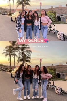 three girls posing for the camera with their arms around each other in front of palm trees