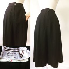 "Beautiful Valentino black linen skirt. Buttons down the front w/ pockets on side, elastic waist on back. In excellent vintage condition. Also have one in white that is getting listed. Measurement taken flat: 13\" waist (elastic in back- safely fits 26/27\" waist...possibly 28) 29.5\" length 33\" hip (fit is loose, that measurement is it stretch laying flat to its maximum)" Formal Full Skirt With Pockets, Formal Full Skirt Bottoms With Pockets, Classic Full Skirt Bottoms With Pockets, Formal Fitted Linen Skirt, Fitted Linen Formal Skirt, Fitted Linen Skirt For Formal Occasions, Vintage Knee-length Formal Bottoms, Vintage Formal Full Skirt Bottoms, Vintage Black Long Skirt