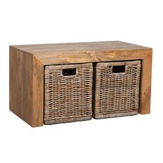 two wicker baskets sitting on top of a wooden table