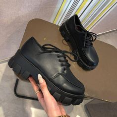 Chunky Lace Up Shoes - solegr8 Ladies Wedge Shoes, Botas Grunge, Black Chunky Platform Heels, Sepatu Platform, Women Chunky Sneakers, Retro Black Dress, Harajuku Shoes, Women Oxfords, Hak Tinggi