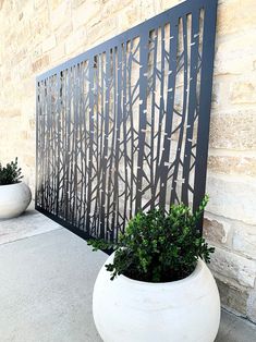 two large white vases sitting next to each other near a wall with trees on it