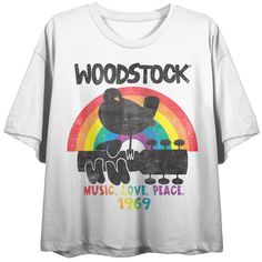 Elevate your style with this officially licensed Woodstock women's cropped t-shirt that’s been custom designed to capture the spirit of the iconic music festival. The front features a vibrant rainbow Woodstock logo that adds a pop of color and nostalgia to your outfit, while the back boasts the memorable slogan, "8 Days of Music, Peace, Love." This white cropped tee is the perfect addition to your wardrobe, with its comfortable short sleeves and classic crew neck design. Crafted from 100% high-q Woodstock Graphic Design, Woodstock Logo, Hippie Cotton T-shirt For Music Festival, Multicolor Cotton T-shirt For Music Festival, Woodstock Tshirt, Cheap Retro Rainbow T-shirt, Music Peace, Love Slogan, Woodstock Music