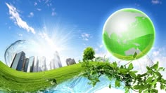 an image of a green earth floating in the air with trees and buildings around it