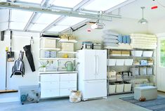 an organized garage with lots of storage space