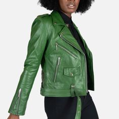 com_cac_gre_wom_w_3 Casual Green Fitted Leather Jacket, Green Biker Leather Jacket For Fall, Green Biker Jacket For Fall, Fitted Green Leather Jacket With Zipper, Fitted Green Leather Jacket With Zipper Closure, Green Fitted Leather Jacket With Zipper Closure, Fitted Green Leather Jacket With Long Sleeves, Classic Green Leather Outerwear, Green Biker Leather Jacket With Zipper