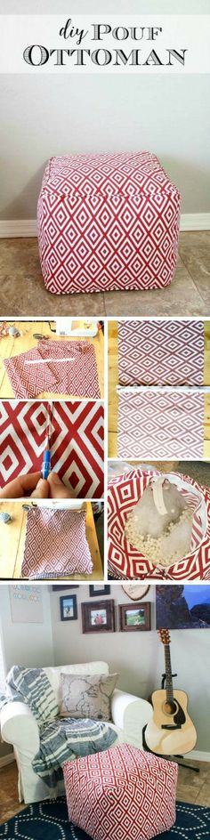 a collage of photos showing how to make an ottoman