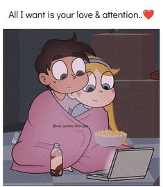 an image of two people hugging each other in front of a laptop computer with the caption, all i want is your love & attention