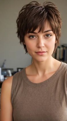 Layered Haircut With Side Bangs, Pixie Shag Haircut, Pixie Shag, Short Hair Inspiration, Short Shaggy Haircuts, Short Shag Haircuts, Chic Short Hair, Shaggy Short Hair, Swept Bangs