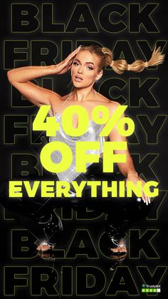 a woman is sitting on top of a skateboard with the words 40 % off everything