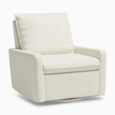 a white recliner chair sitting on top of a white floor next to a wall