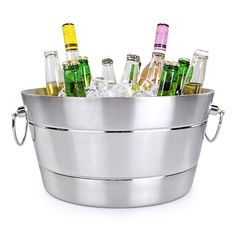 a metal bucket filled with lots of bottles