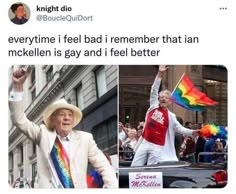 two men in white suits and hats are holding rainbow flags as they walk down the street