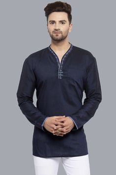 Buy Men's Cotton Stripes Short Kurta in White Online African Shirts For Men, Short Kurta, African Shirts, Silk Shorts, Designer Shorts, Running Clothes, Navy Blue Color, Full Sleeves, Embroidered Silk