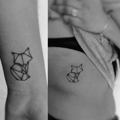 two pictures of the same tattoo on one side of the stomach and another with an origami design on the other